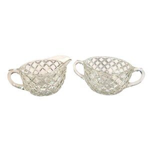 Anchor Hocking Glass Co. Waterford "Waffle" Crystal Sugar Bowl & Creamer Set